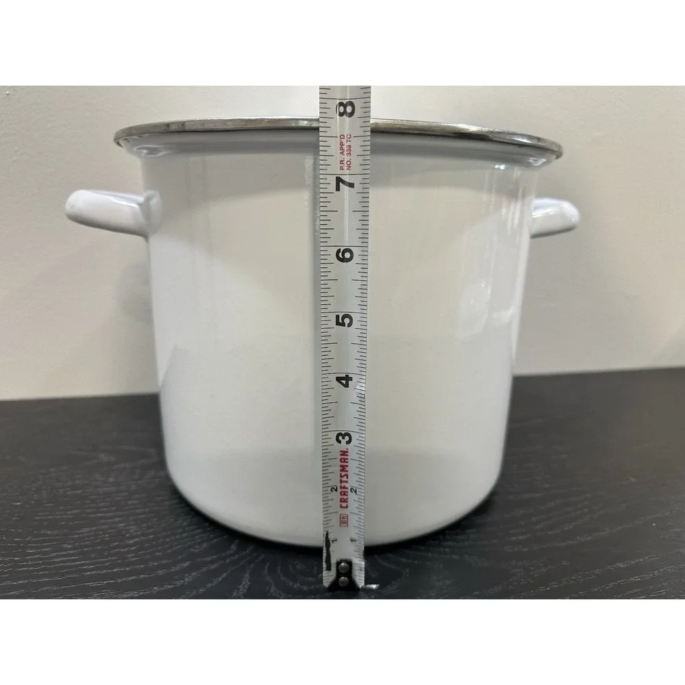 Vintage White Enamel Stock Pot with Lid 9.5 Diameter Camping Cottagecore Kitchen